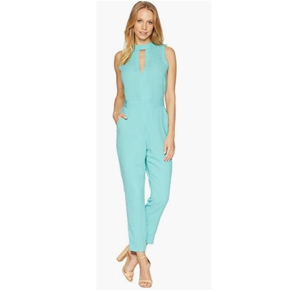 BeBe Keyhole Mock Tapered Leg Jumpsuit Blue Turquoise 10